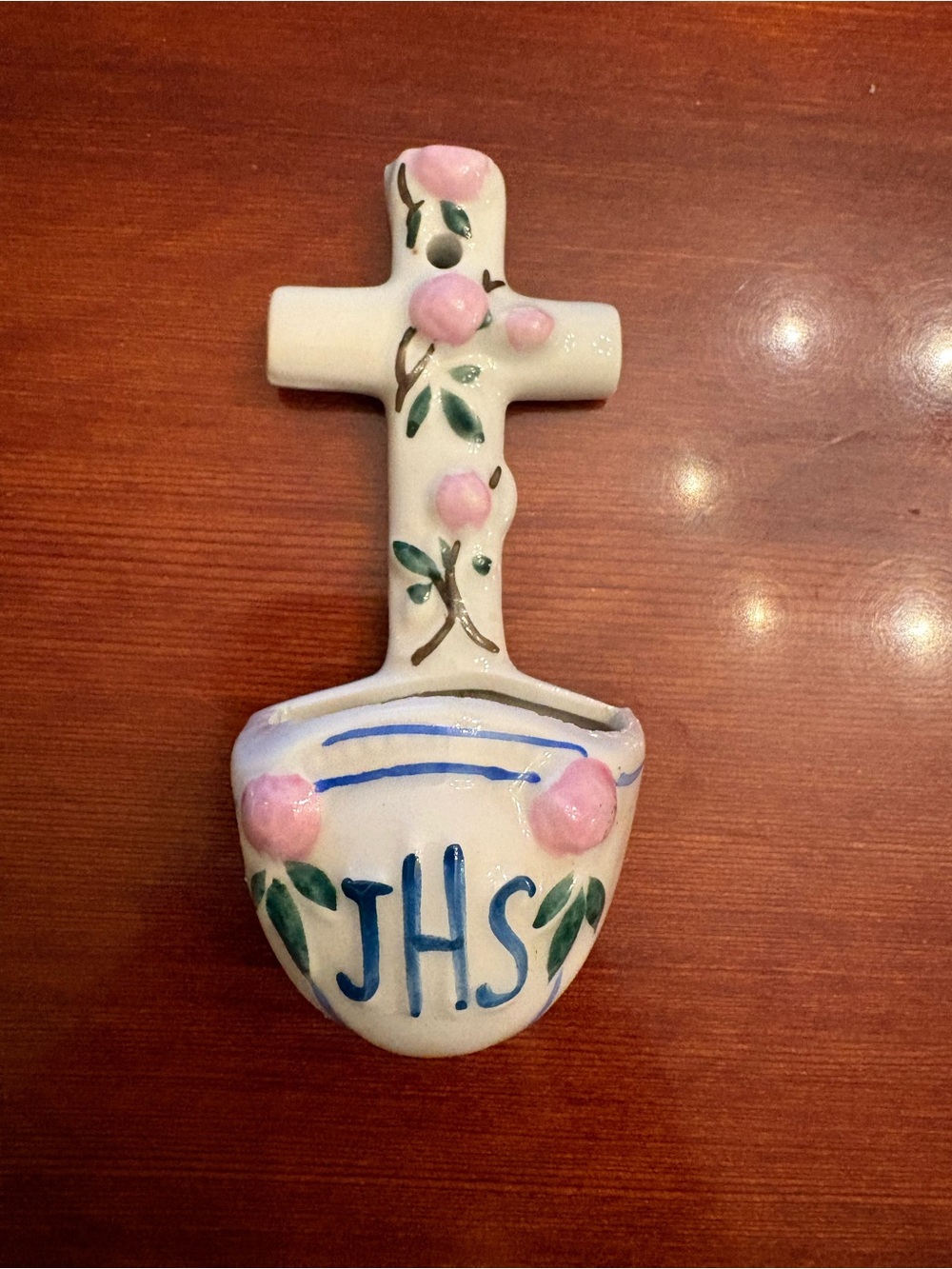 Small Ceramic Cross Wall Pocket with ‘JHS’ Pink Floral Accents. Holy Water Stoup